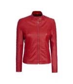 Women's Real Leather Red Quilted Cafe Racer Jacket