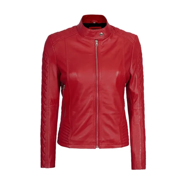 Women's Real Leather Red Quilted Cafe Racer Jacket