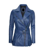 Womens Asymmetrical Blue Belted Moto Leather Jacket