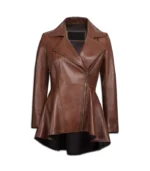 Womens Asymmetrical Cognac Peplum Leather Jacket