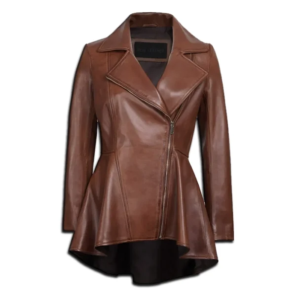 Womens Asymmetrical Cognac Peplum Leather Jacket
