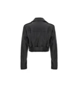 Womens Black Cropped Leather Biker Jacket - Image 2