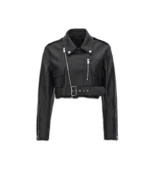 Womens Black Cropped Leather Biker Jacket