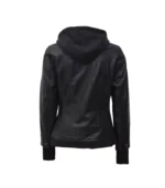 Women's Black Leather Bomber Jacket with Removable Hood - Image 2