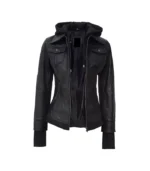 Women's Black Leather Bomber Jacket with Removable Hood