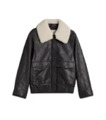 Womens Black Leather Aviator Jacket with Shearling Collar