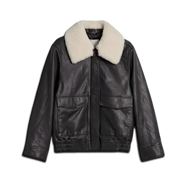 Womens Black Leather Aviator Jacket with Shearling Collar