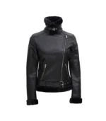 Women’s Black Shearling Leather Moto Jacket - Image 3