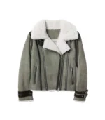 Women’s Grey Bomber Shearling Suede Leather Jacket