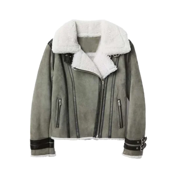Women’s Grey Bomber Shearling Suede Leather Jacket
