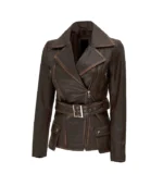 Womens Distressed Brown Long Biker Style Leather Jacket