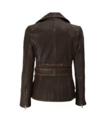 Womens Distressed Brown Long Biker Style Leather Jacket - Image 2