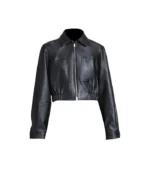 Womens Glossy Navy Blue Blouson Cropped Leather Jacket