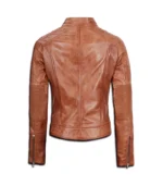 Womens Tan Cafe Racer Leather Jacket - Image 2