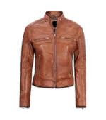 Womens Tan Cafe Racer Leather Jacket