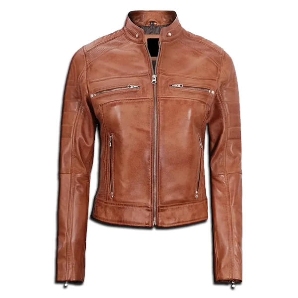 Womens Tan Cafe Racer Leather Jacket
